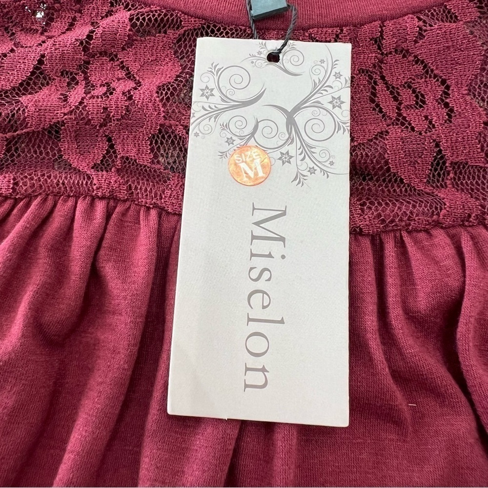 NWT Miselon Lace Detail Top With Bell Sleeves Burgundy Size Medium - Picture 5 of 11